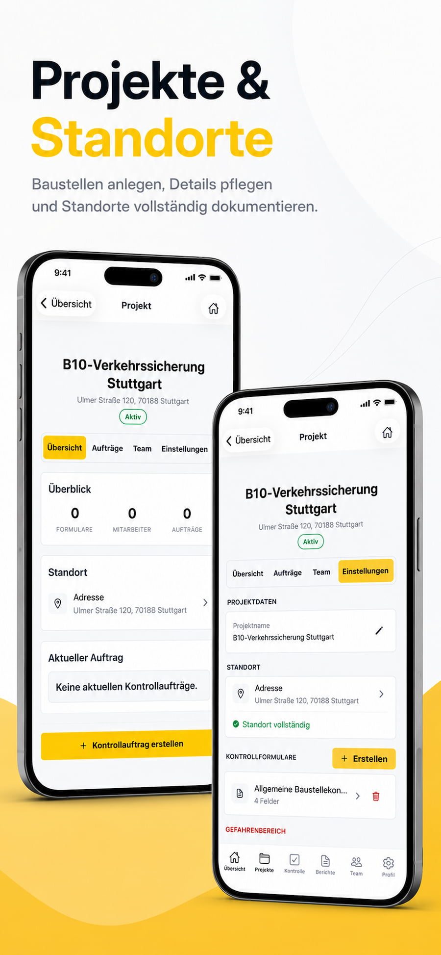 HGS Kontrolle App: Projektansicht mit Standortdaten, Kontrollformularen und Projekteinstellungen