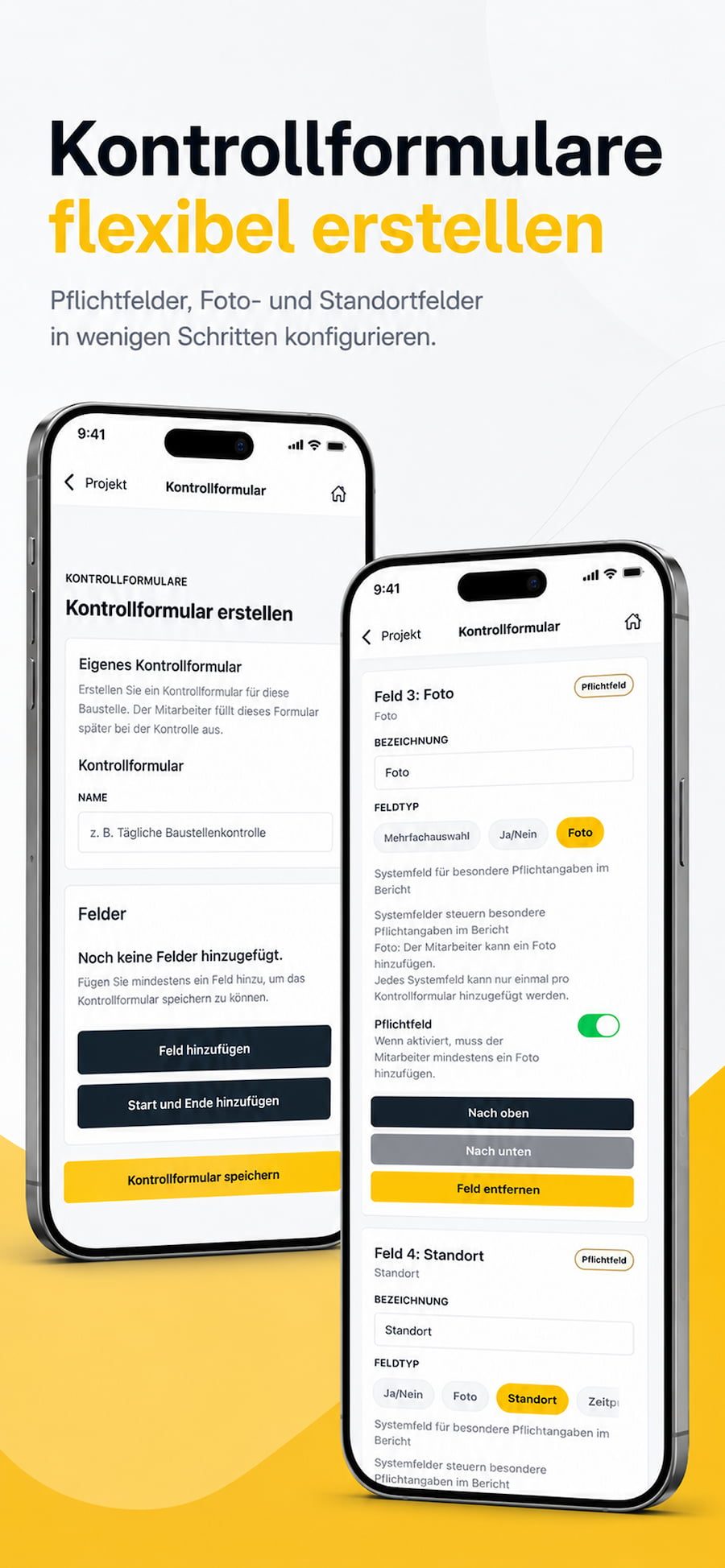HGS Kontrolle App: Konfiguration eines individuellen Kontrollformulars mit Pflichtfeldern für Foto und Standort