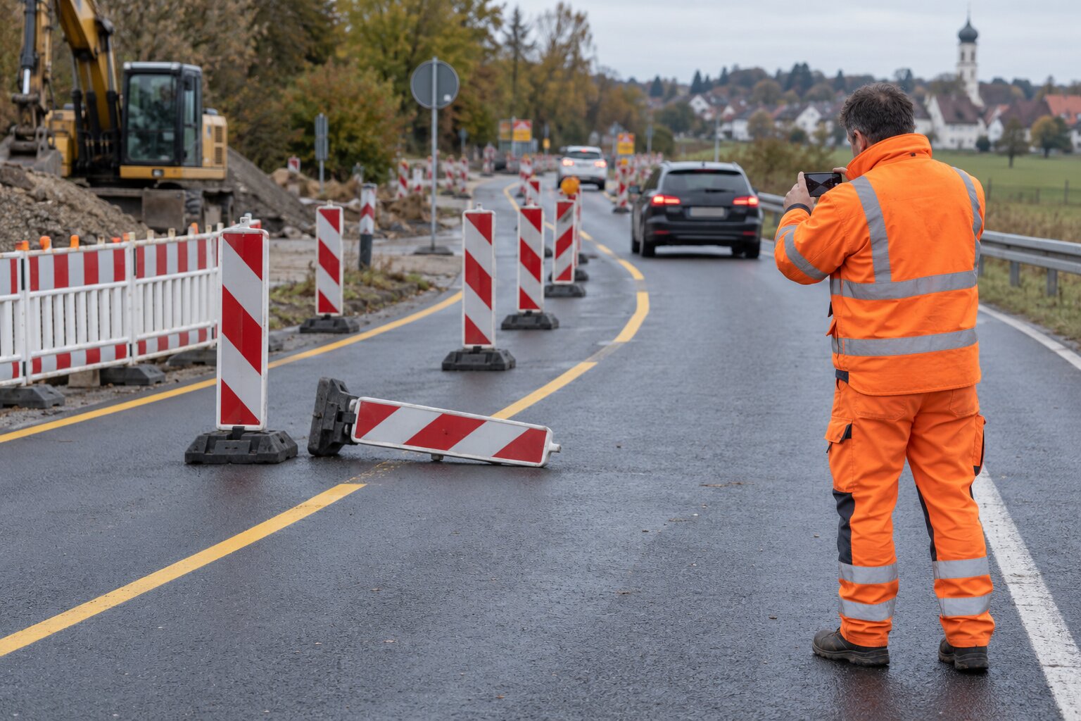Person in orangefarbener Warnkleidung fotografiert mit dem Smartphone eine umgefallene Leitbake neben einer Reihe aufgestellter Leitbaken an einer Baustelle