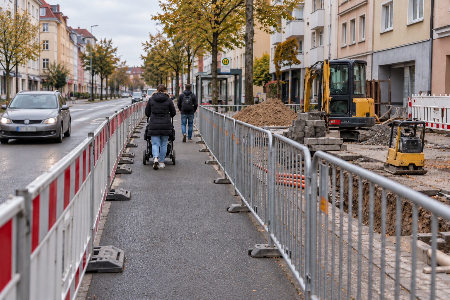 Fußgängerersatzweg auf der Fahrbahn, durch rot-weiße Absperrschranken vom fließenden Verkehr getrennt, rechts der abgesperrte Arbeitsbereich