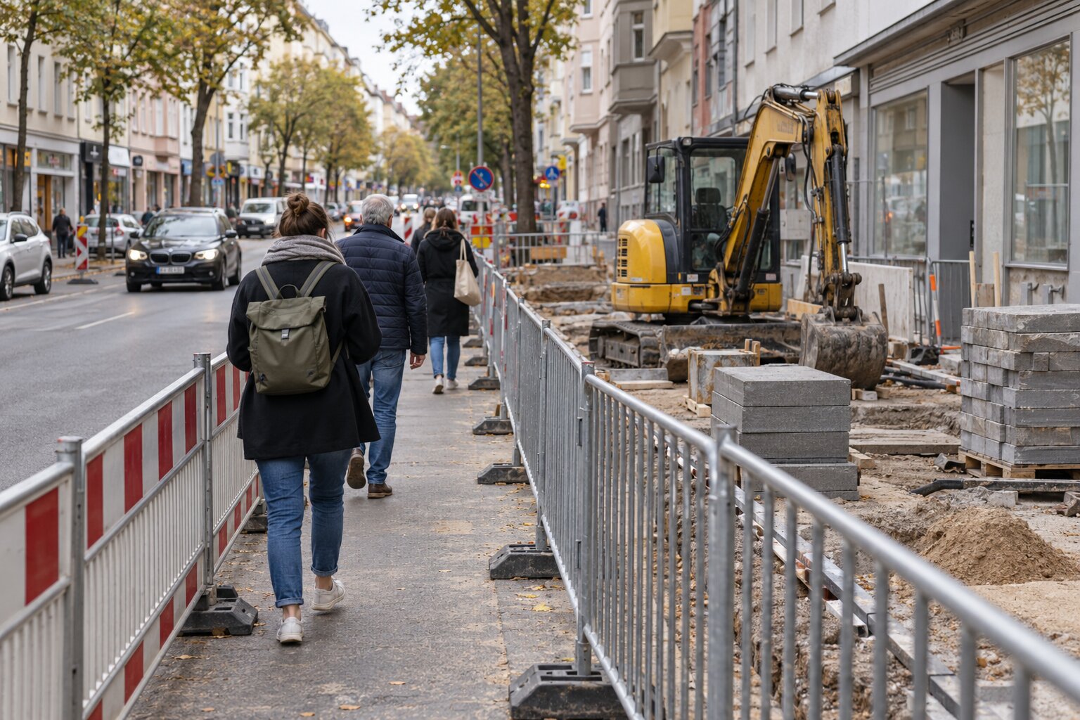 Fußgänger auf einem verbliebenen Gehwegstreifen an einer innerstädtischen Baustelle, seitlich durch Absperrschranken und Absperrgitter abgetrennt