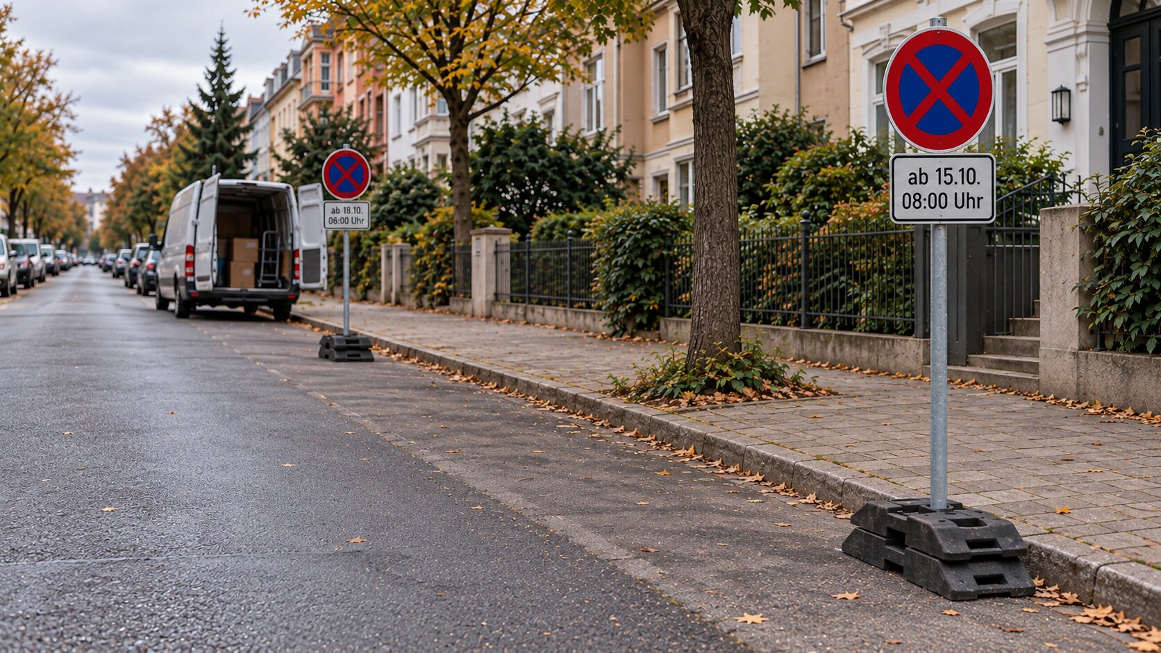 Temporär freigehaltener Fahrbahnrand an einer Wohnstraße mit mobilen Haltverbotsschildern auf Schilderständern