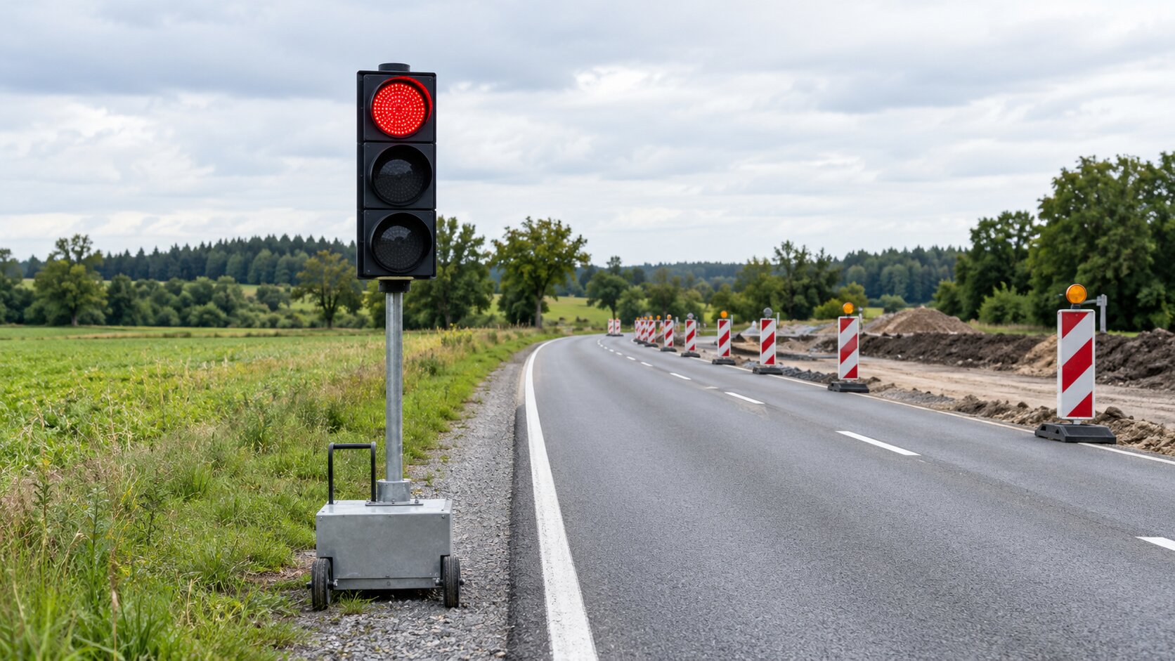 Mobile Ampelanlage an einer Fahrbahnverengung auf einer Landstraße, im Hintergrund abgesicherter Arbeitsbereich