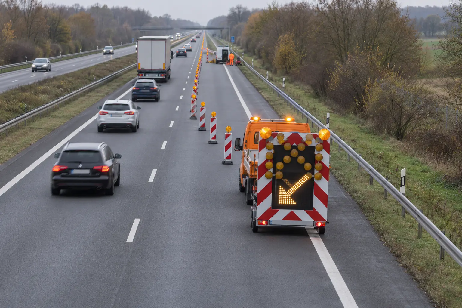 Fahrbare Absperrtafel mit gelbem Leuchtpfeil nach links auf dem Anhänger eines orangefarbenen Fahrzeugs sperrt den rechten Fahrstreifen einer Autobahn; dahinter grenzt eine Reihe Leitbaken mit Warnleuchten den gesperrten Streifen ab, links fließt der Verkehr
