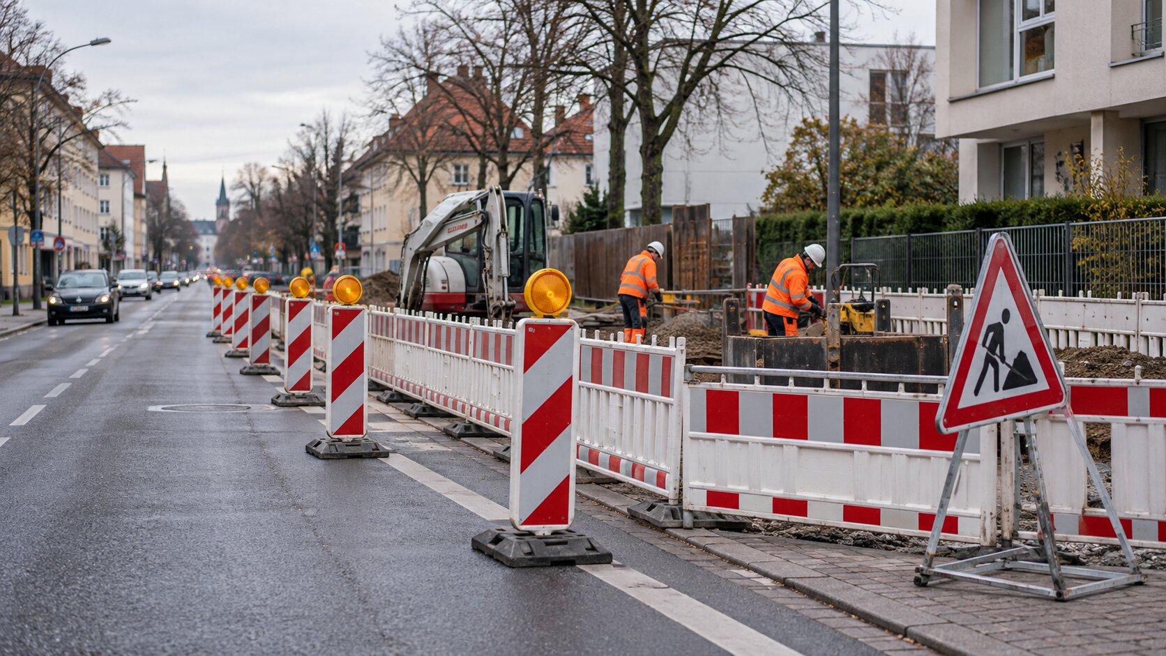 Abgesicherte Baustelle an einer innerstädtischen Straße mit Leitbaken, Absperrgittern und Beschilderung
