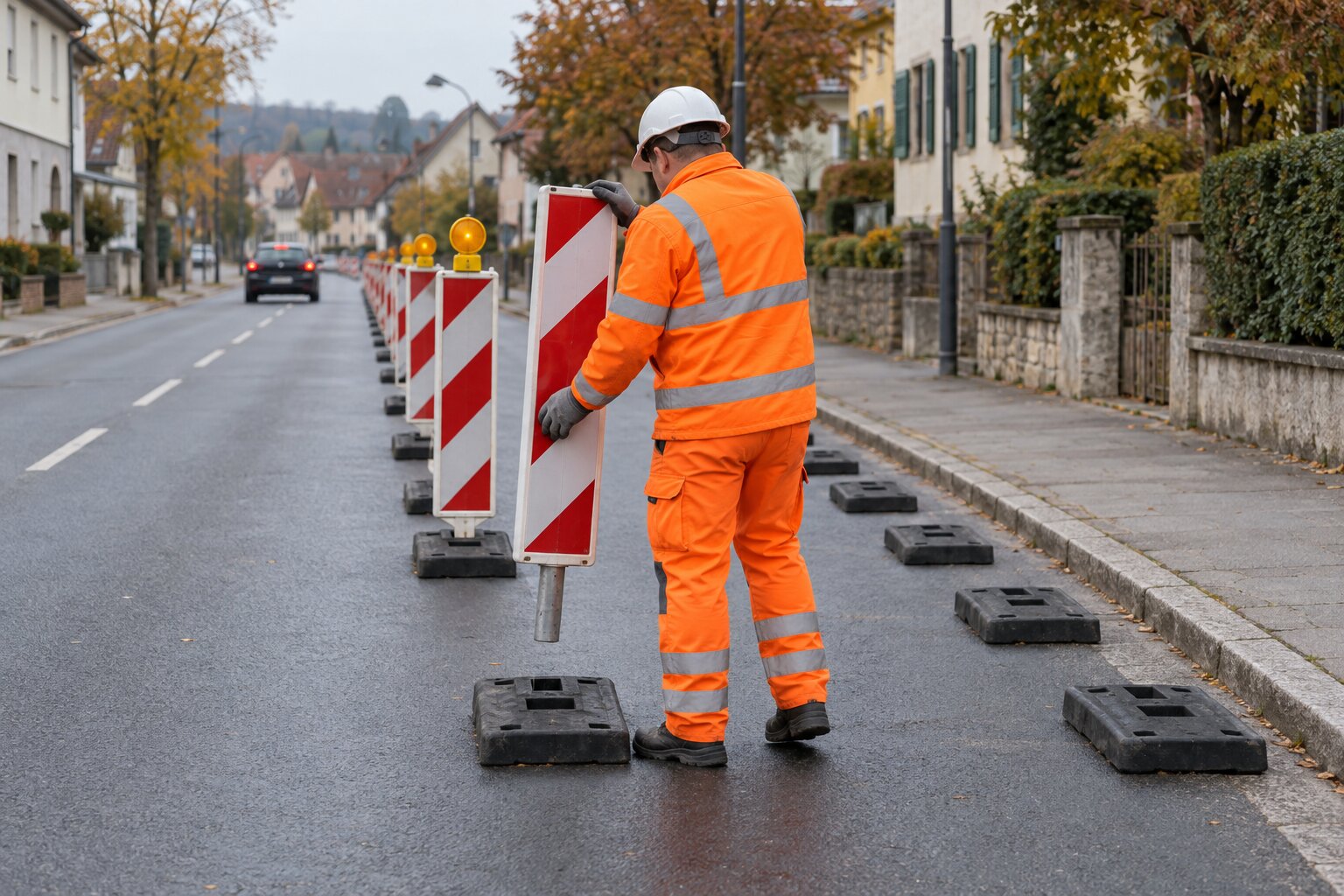 Person in orangefarbener Warnkleidung setzt eine Leitbake in die letzte freie Fußplatte einer Leitbakenreihe ein, daneben eine Reihe leerer Fußplatten am Bordstein