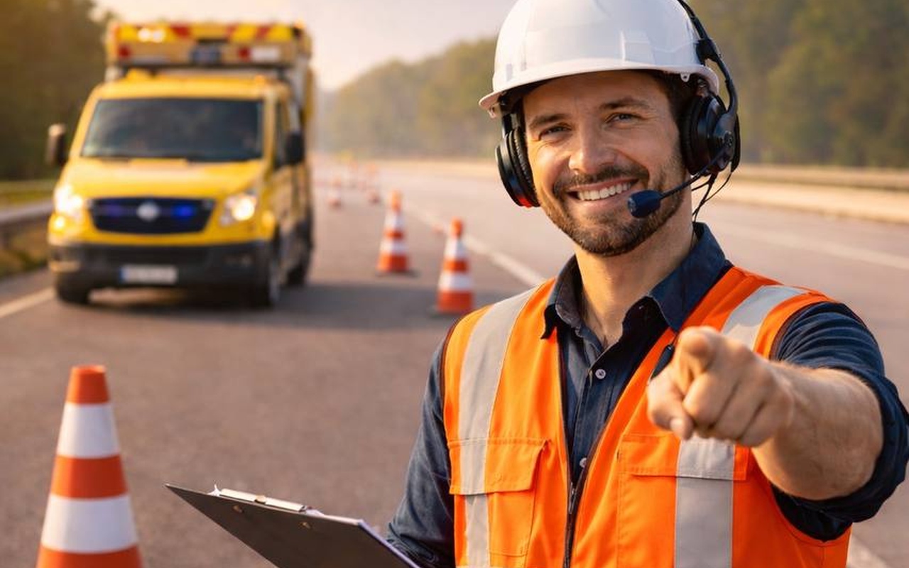 Mitarbeiter der Verkehrssicherung mit Einsatzfahrzeug auf einer abgesicherten Straße