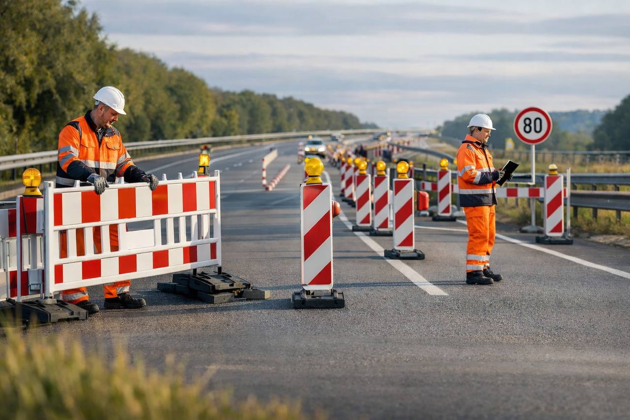 Professionell eingerichtete Verkehrssicherung auf einer deutschen Autobahn