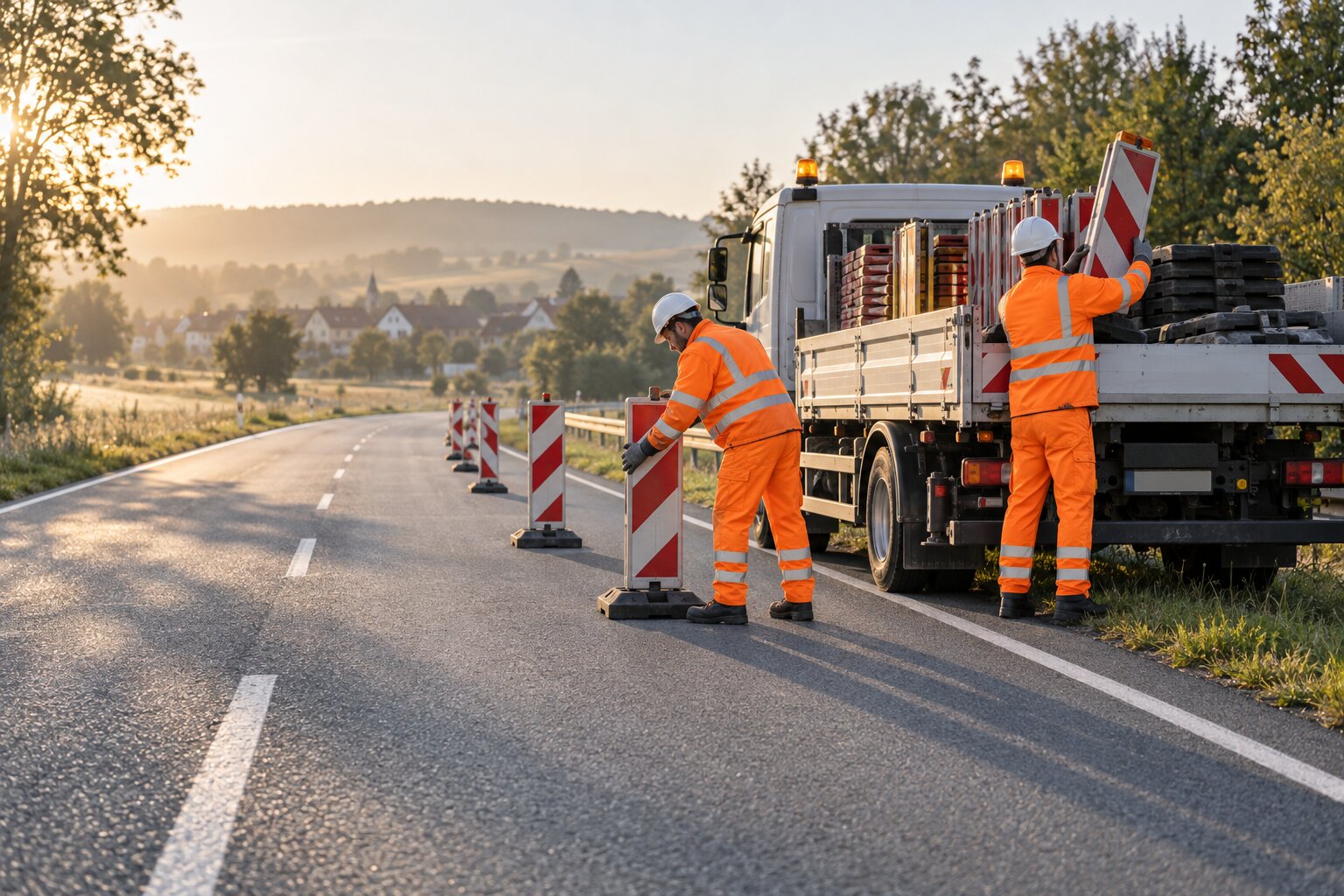 Zwei Mitarbeiter in orangefarbener Warnkleidung stellen Leitbaken an einer Landstraße auf und laden sie von einem LKW mit gelben Rundumleuchten ab